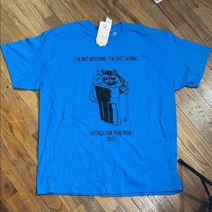 Blue Graphic Raccoon 'Justice for Pom Pom 2017' Tee nwt xl